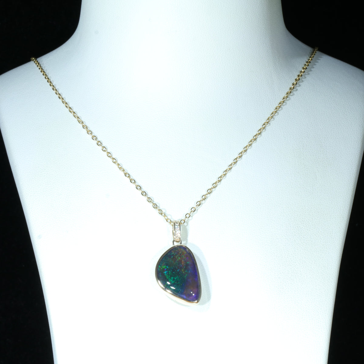 Natural Lightning Ridge Black Crystal Opal Gold Pendant - Diamonds