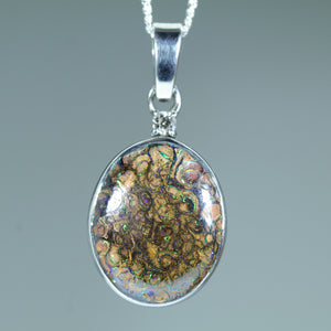 Natural Australian Boulder Opal Matrix Silver and Diamond Pendant