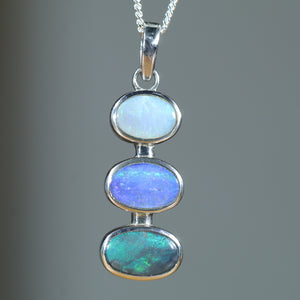 Natural Australian 3 Opal Drop Silver Pendant