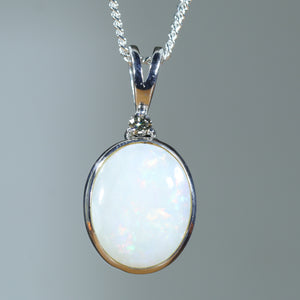 Natural Australian White Opal Silver and Diamond Pendant