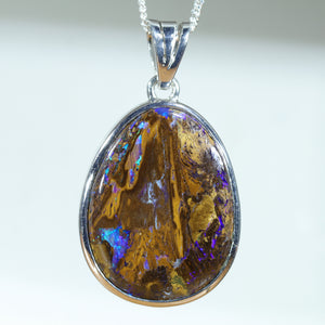 Natural Australian Solid Boulder Opal Matrix Silver Pendant