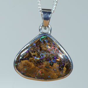 Natural Australian Solid Queensland Boulder Opal Matrix Silver Pendant