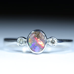 Natural Australian Boulder Opal Silver and Diamond Ring