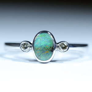 Natural Australian Boulder Opal Silver and Diamond Carnelian Opal Ring 