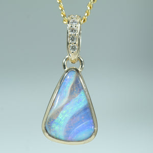 Natural Australian Solid Queensland Boulder Opal Gold and Diamond Pendant