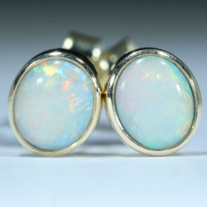 Natural Australian Coober Pedy White Opal Gold Stud Earrings