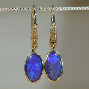 Natural Australian Boulder Opal Gold and Diamond Drop Earrings