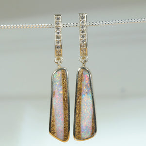 Natural Australian Boulder Opal Gold and Diamond Huggie Earrings