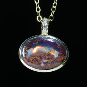 Natural Australian Boulder Opal Gold and Diamond Pendant