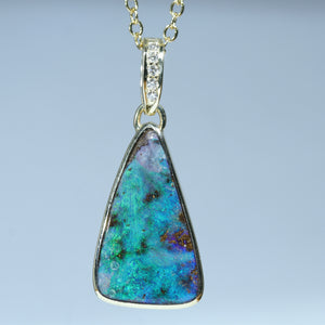 Natural Australian Queensland Boulder Opal Gold and Diamond Pendant