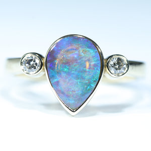 Natural Australian Lightning Ridge Crystal  Opal Ring - Diamonds