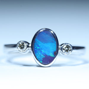 Natural Australian Boulder Opal Silver and Diamond Ring