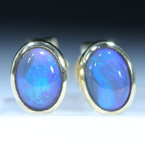 Natural Australian Black Opal Gold Stud Earrings