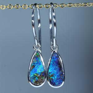 Natural Australian Boulder Opal White Gold Drop Earrings