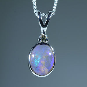 Natural Australian Crystal Opal Silver and Diamond Pendant