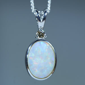 Natural Australian White Opal Silver and Diamond Pendant