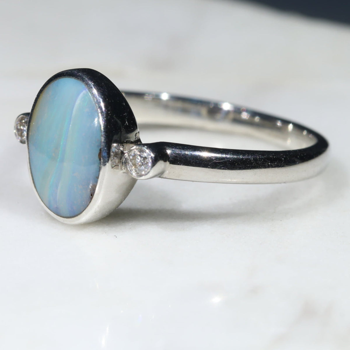 Australian Opal Silver Ring and Diamond - Silver - Size 8.5