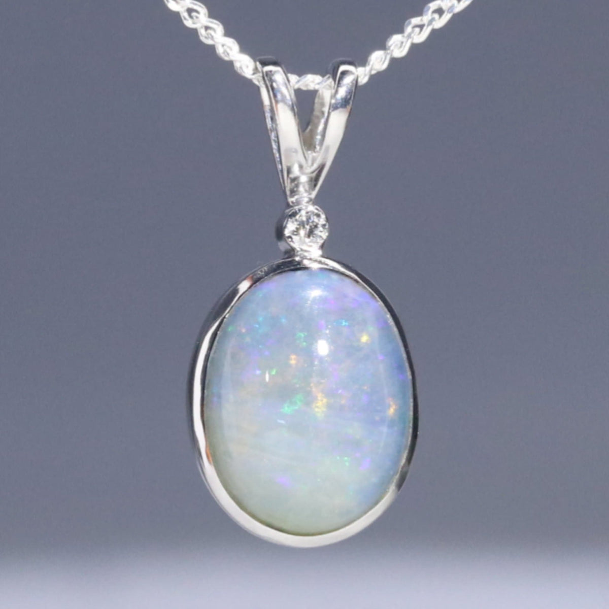 Natural Australian Boulder Opal and Diamond Silver Pendant with Silver