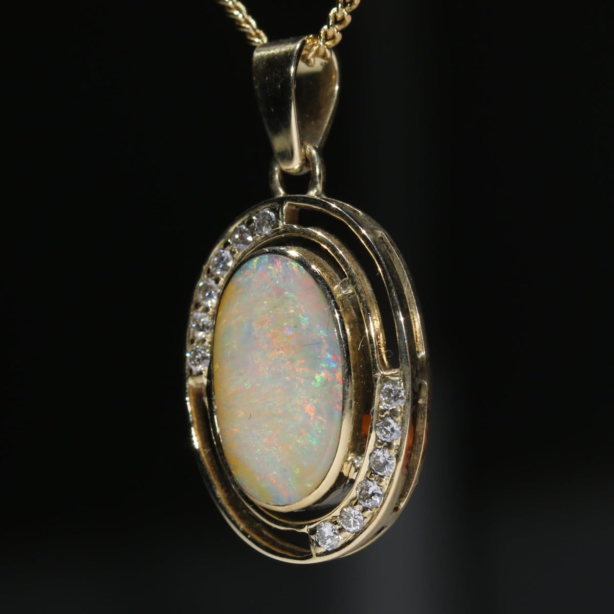 Australian White Honey Opal Necklace Pendant and Diamond 10k Gold