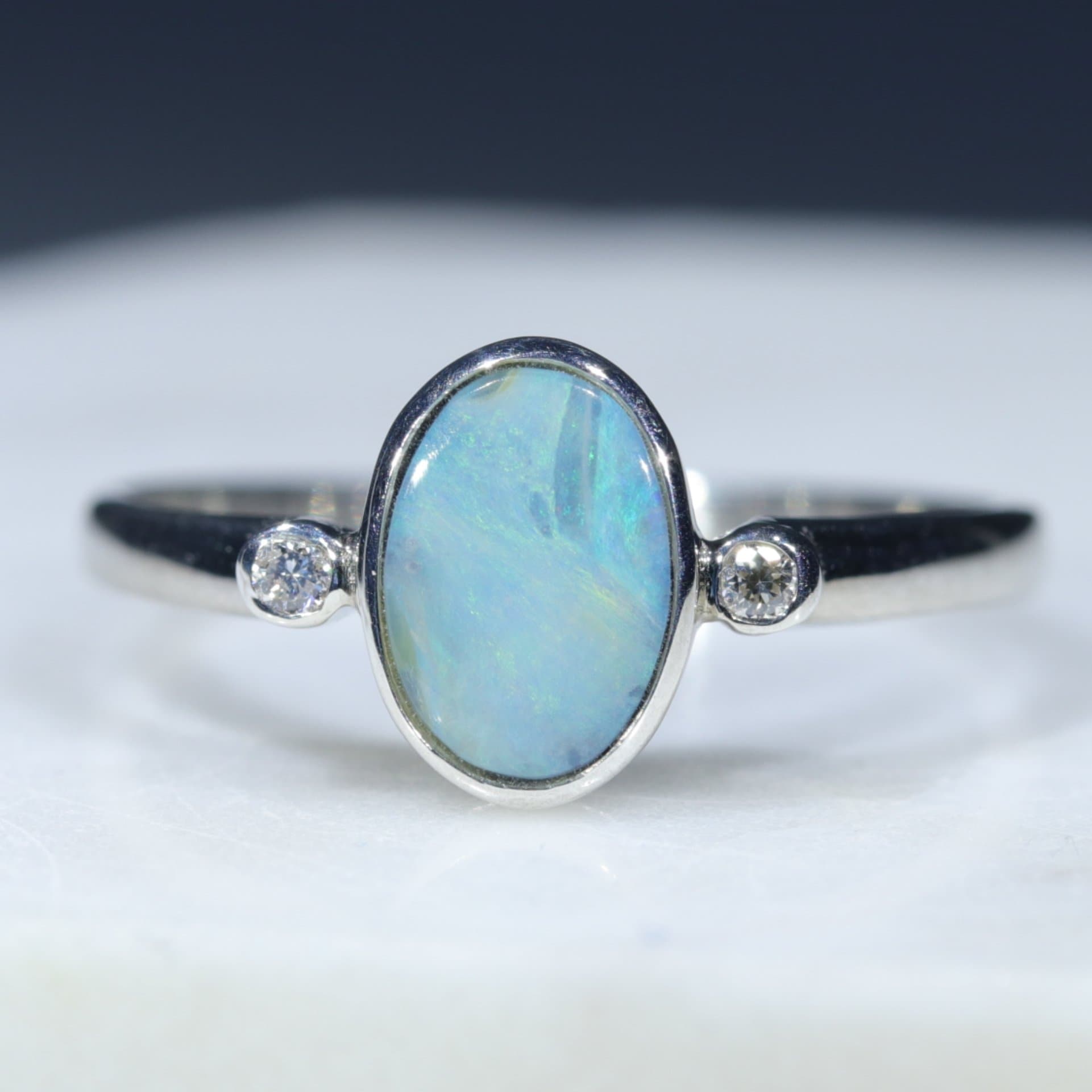 Australian Silver Opal and Diamond Ring - Size 6-25