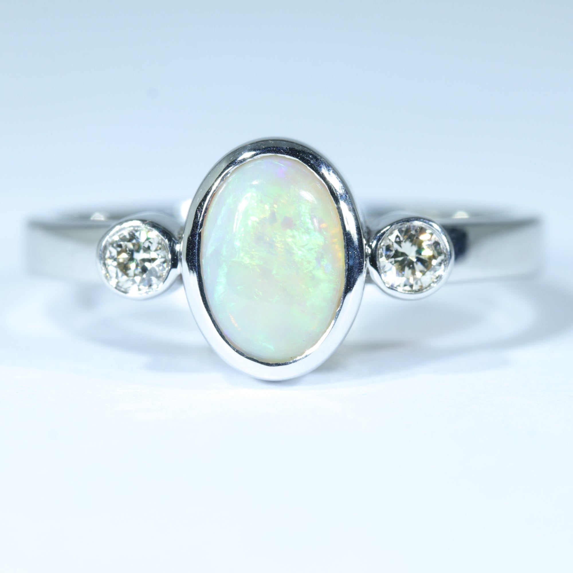 Natural Opal Engagement and Wedding Ring Set - 14k White Gold