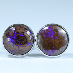 Natural Australian Boulder Opal Matrix Silver Stud Earrings