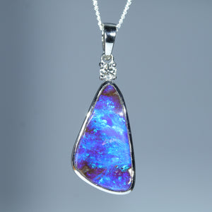 Natural Australian Boulder Opal White Gold and Diamond Pendant