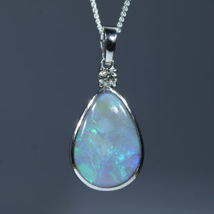 Natural Australian Lighting Ridge Opal White Gold and Diamond Pendant