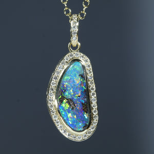 Natural Australian Boulder Opal Gold and Diamond Pendant