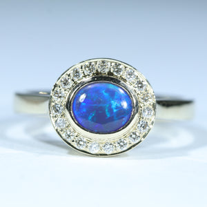 Natural Australian Black Opal Gold and Diamond Halo Ring