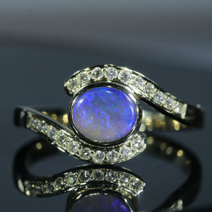 Natural Australian Lighting Ridge Crystal Opal and Diamond Ring