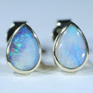 Natural Australian Lightning Ridge Crystal Opal Gold Stud Earrings