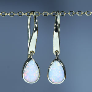 Natural Australian Coober Pedy White Opal Gold Drop Earrings