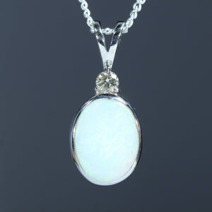 Natural Australian White Opal Silver and Diamond Pendant